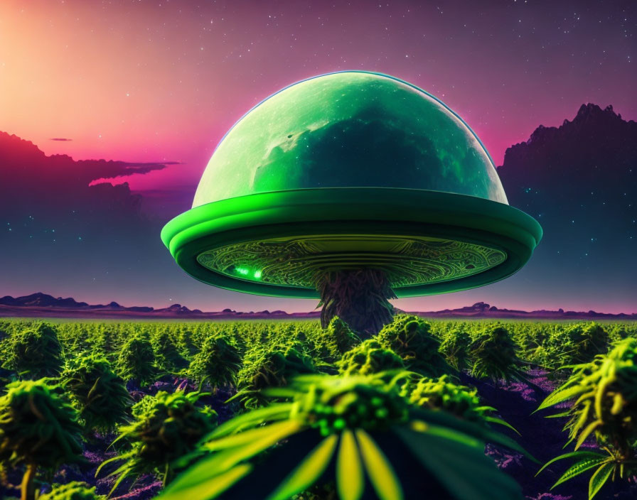 Surreal twilight landscape with green mushroom-shaped structure and starry sky