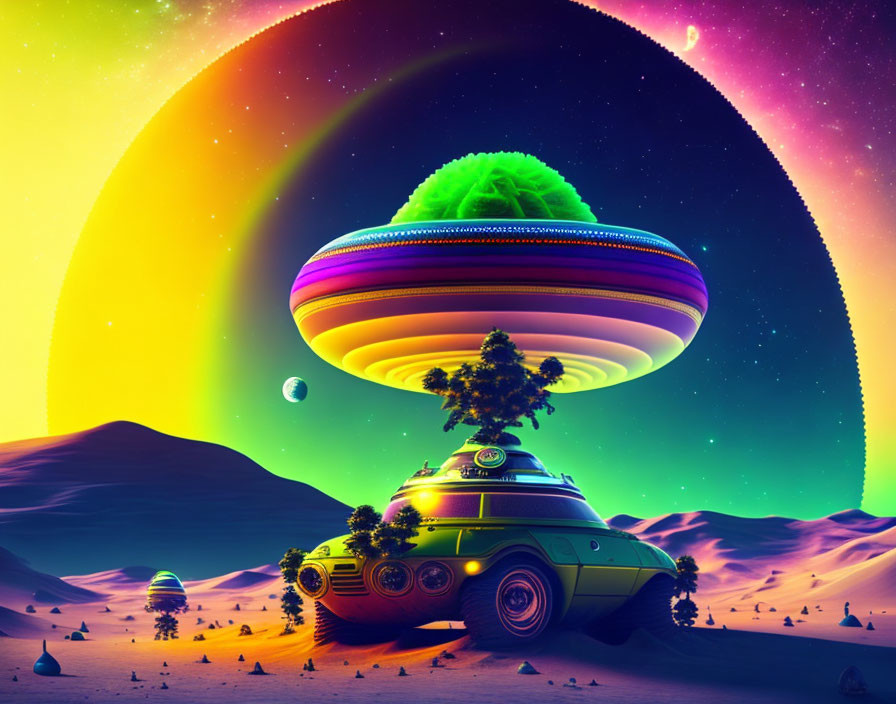 Colorful Alien Landscape with Tree-Topped UFO and Rainbow Sky