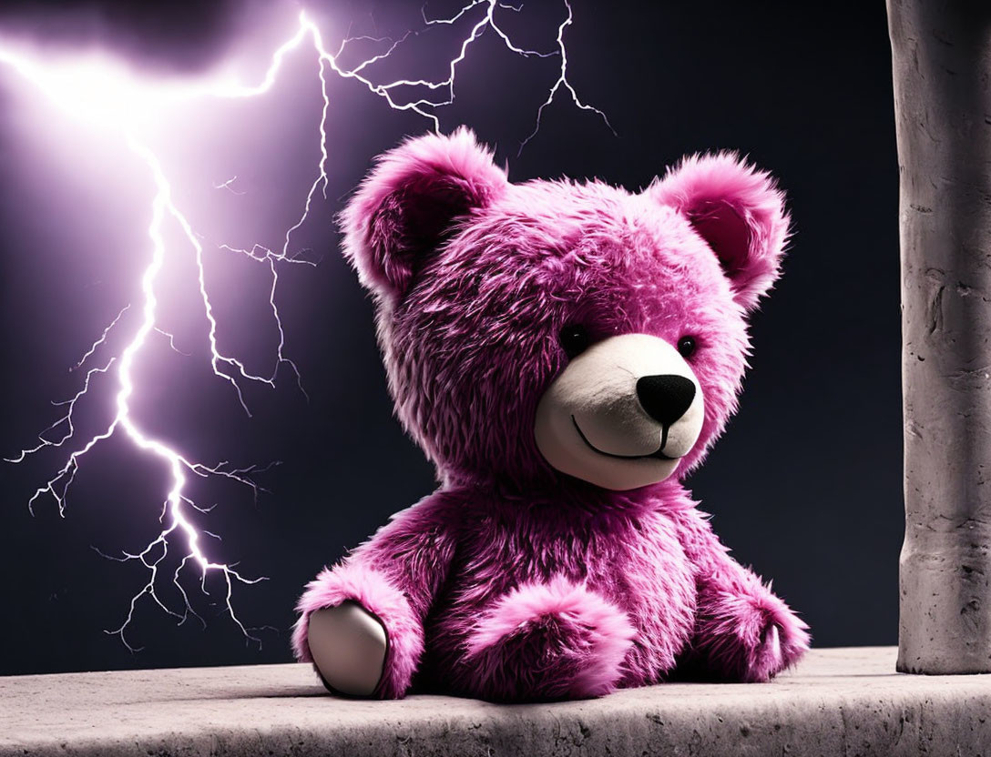 Purple Teddy Bear Beside Tree Trunk with Lightning Background