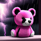 Purple Teddy Bear Beside Tree Trunk with Lightning Background