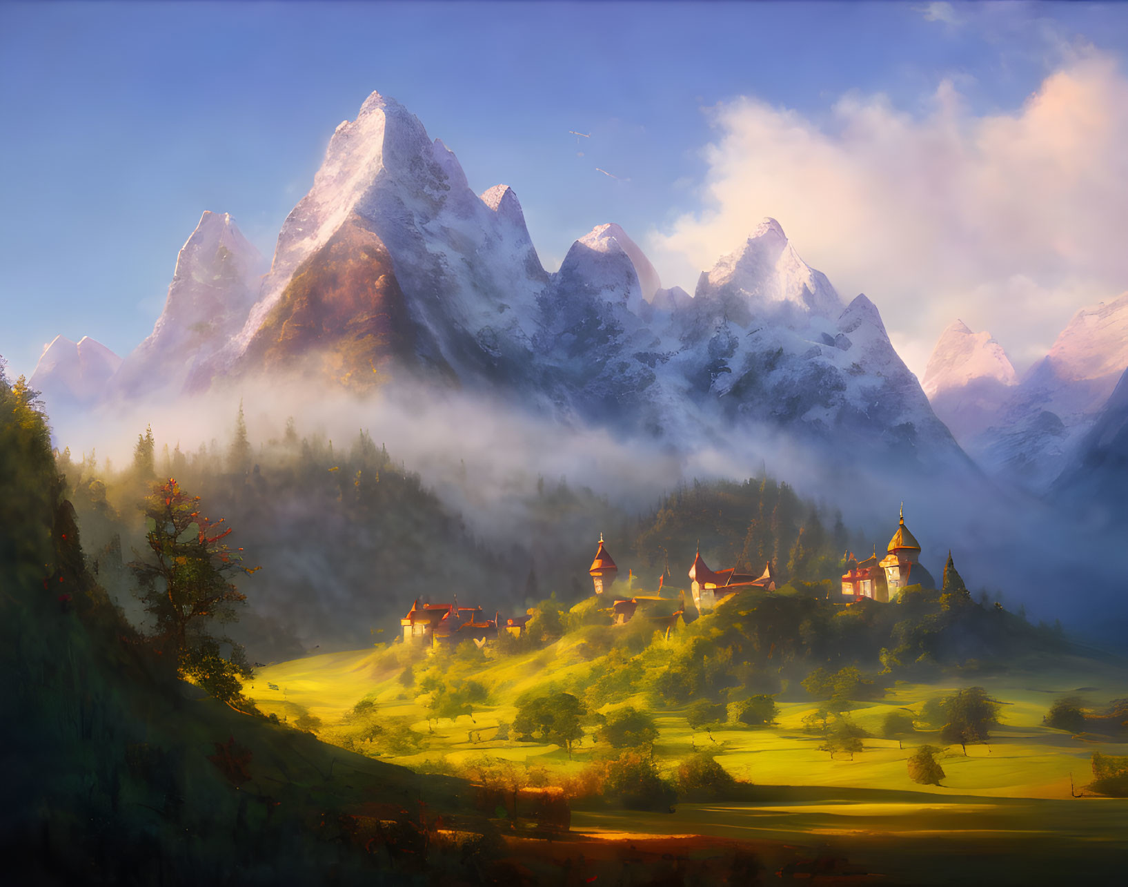 Sunlit mountain peaks, misty forest, and illuminated village in serene landscape