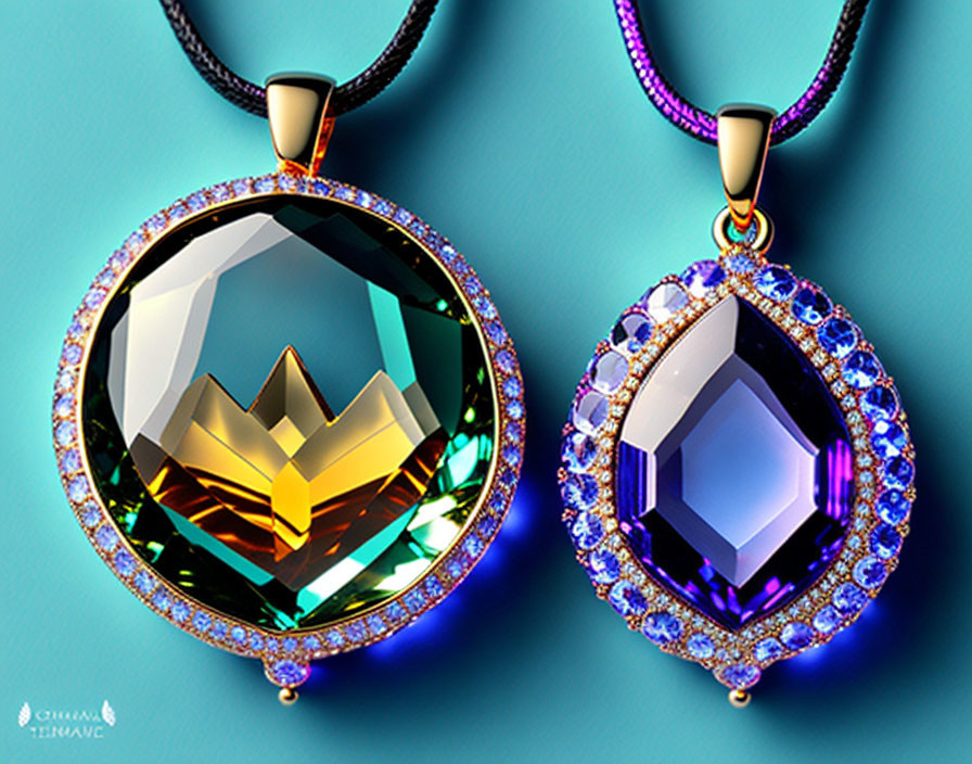 Colorful Gemstone Pendants on Turquoise Background