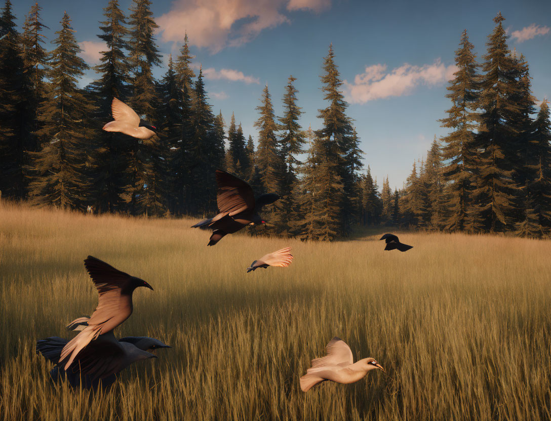 Birds flying over meadow with tall grass and pine forest at golden hour