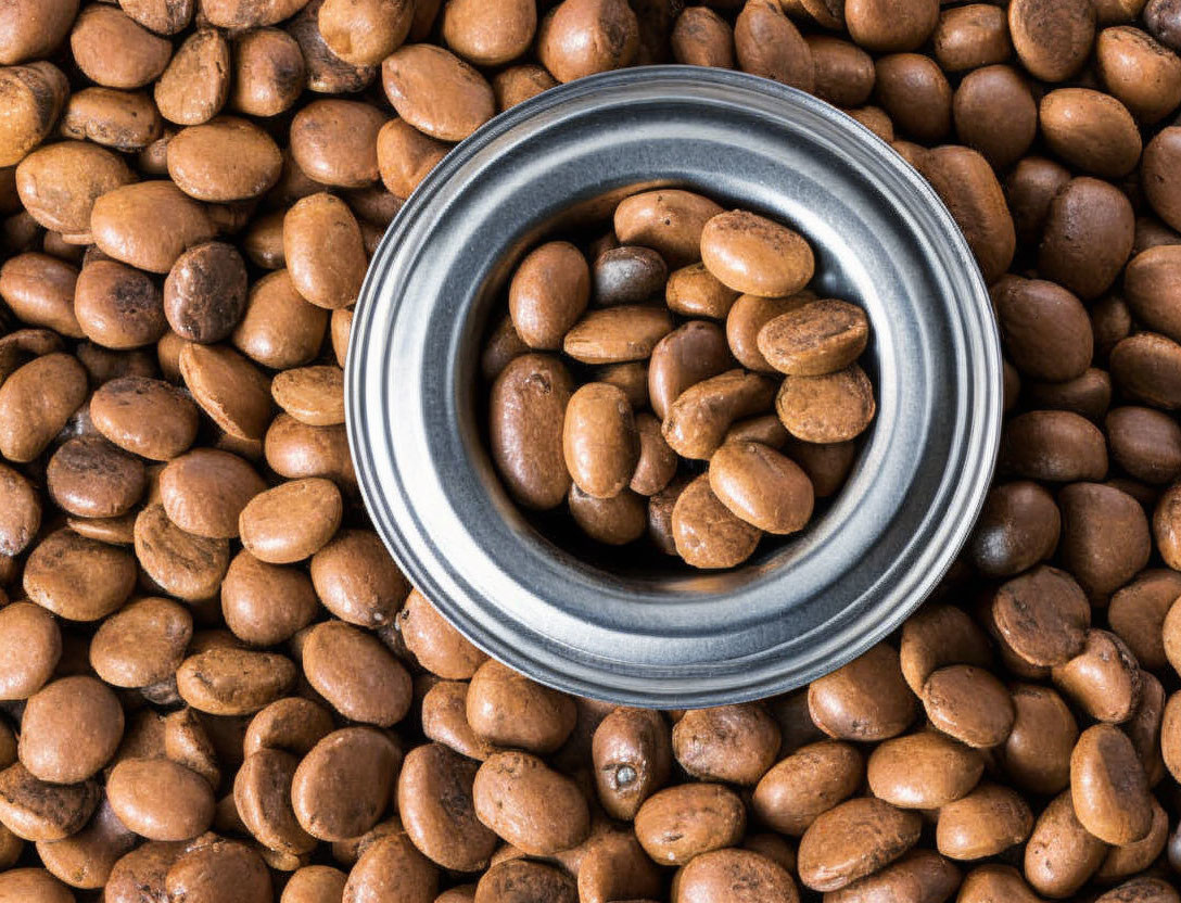 Metal bowl with roasted coffee beans from above