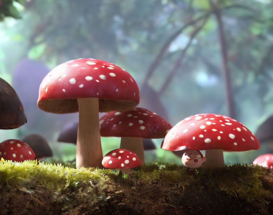 Red-Capped Mushrooms on Mossy Forest Floor with Trees and Sunlight