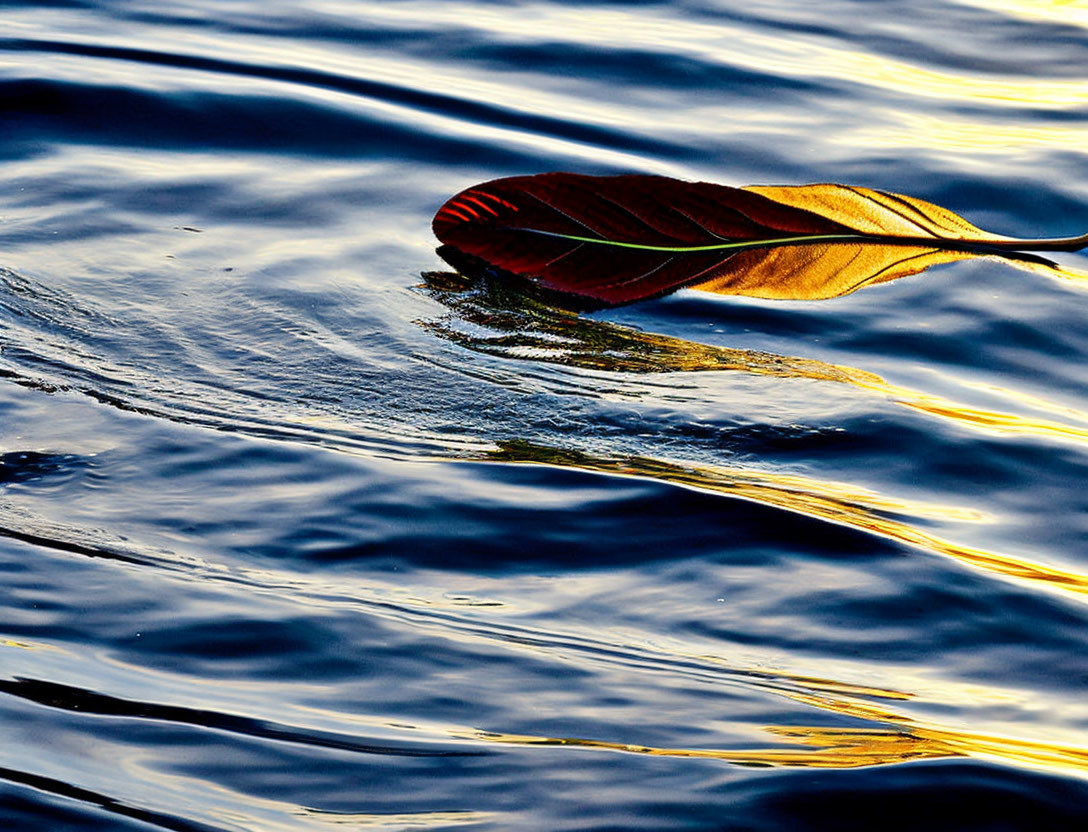 Brown leaf floating on rippled water under golden sunlight