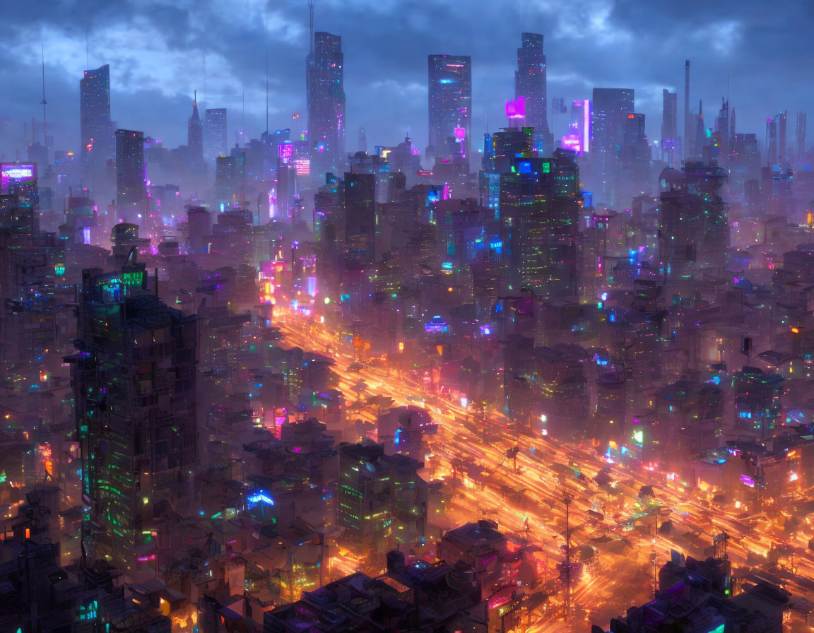 Futuristic cityscape at dusk: neon lights, skyscrapers, bustling streets