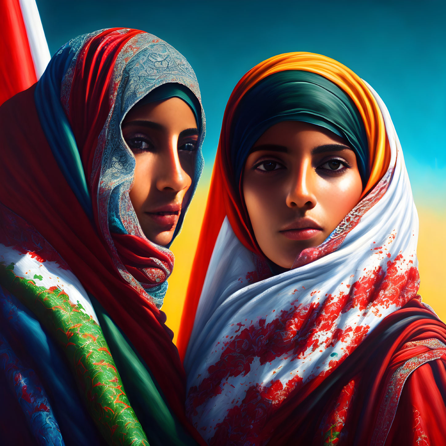 Two women in vibrant headscarves against colorful background