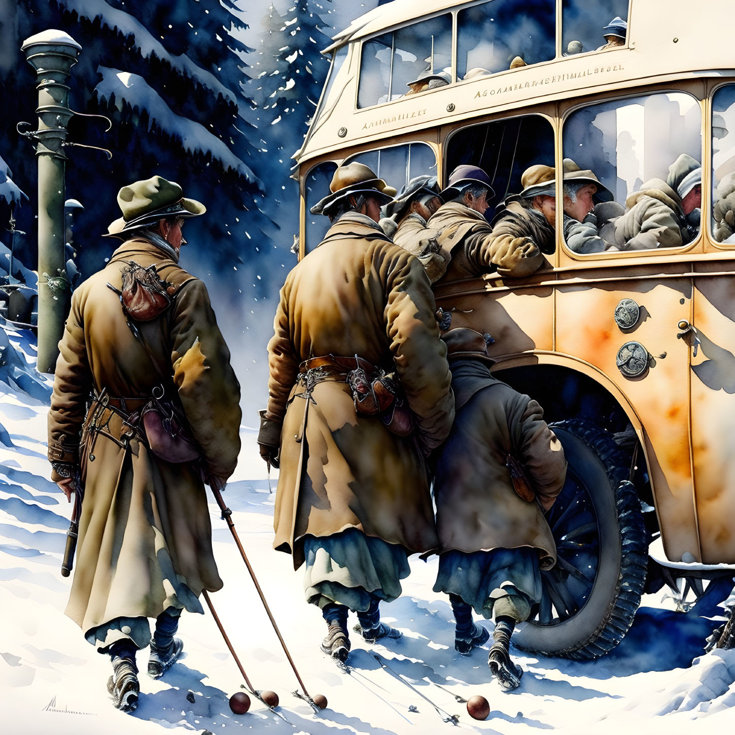 Vintage painting of soldiers boarding trolley in snowy landscape