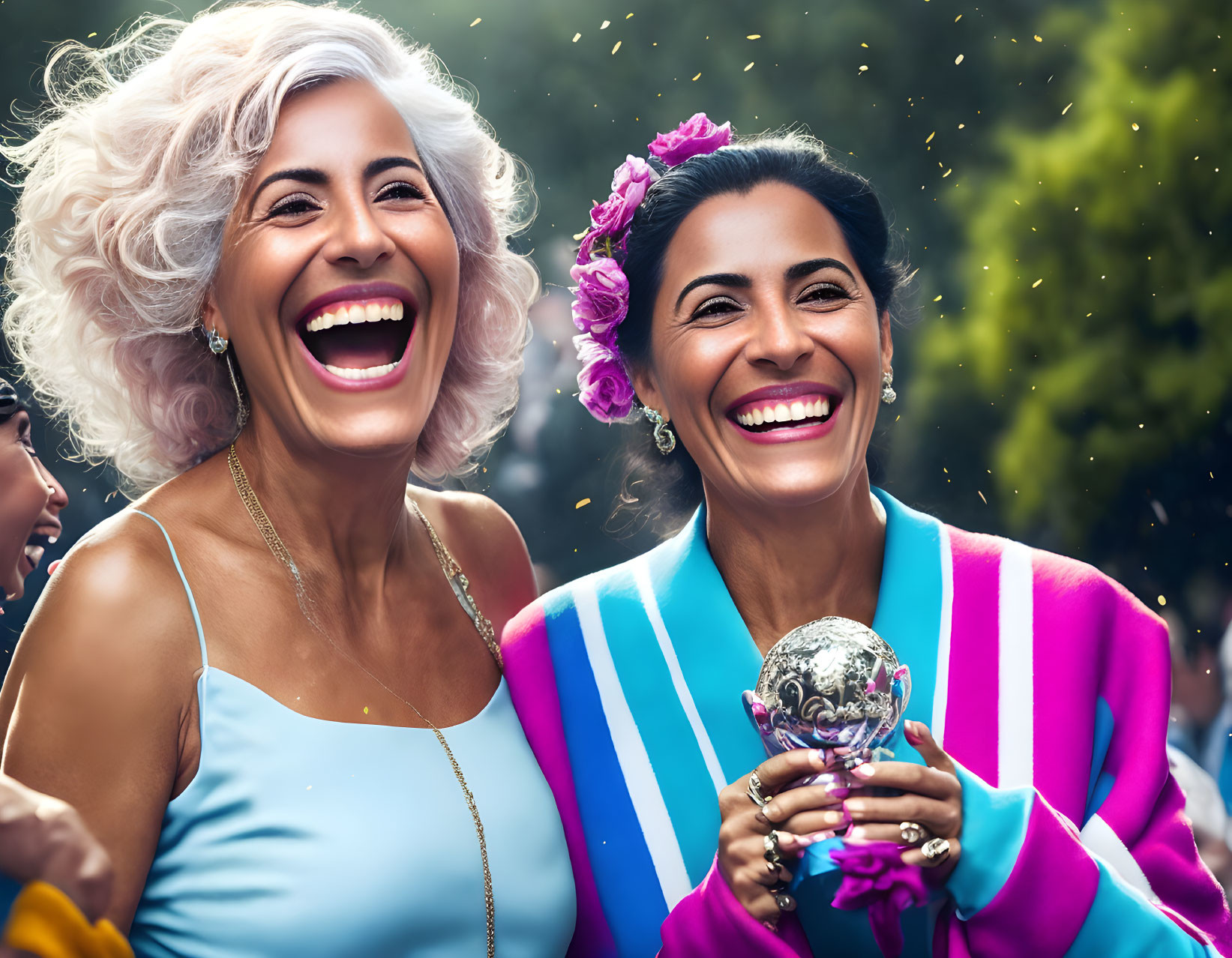 Two women celebrating with trophy in confetti shower