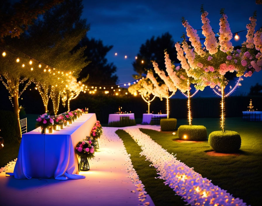 Outdoor Evening Event Setup with Illuminated Trees, Petal-Lined Aisle, String Lights, and