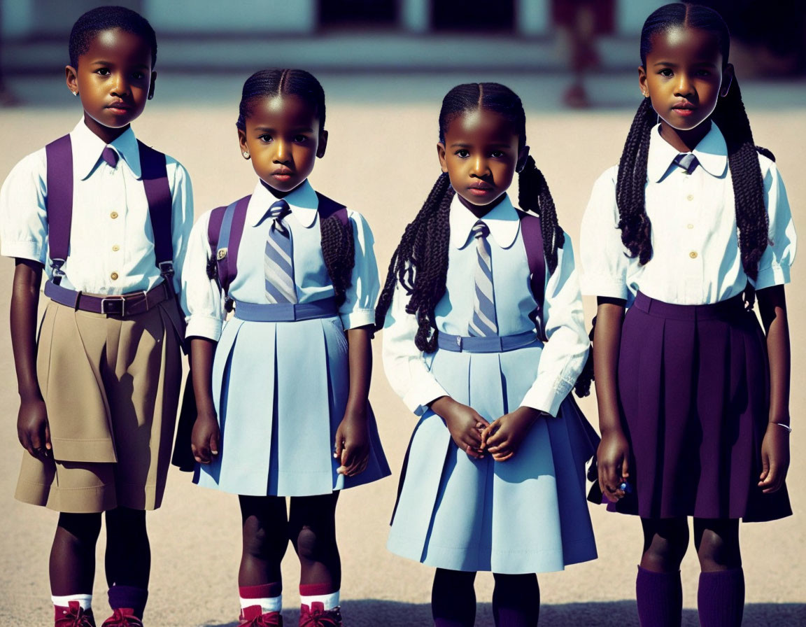 Group of four children in school uniforms with backpacks standing together.