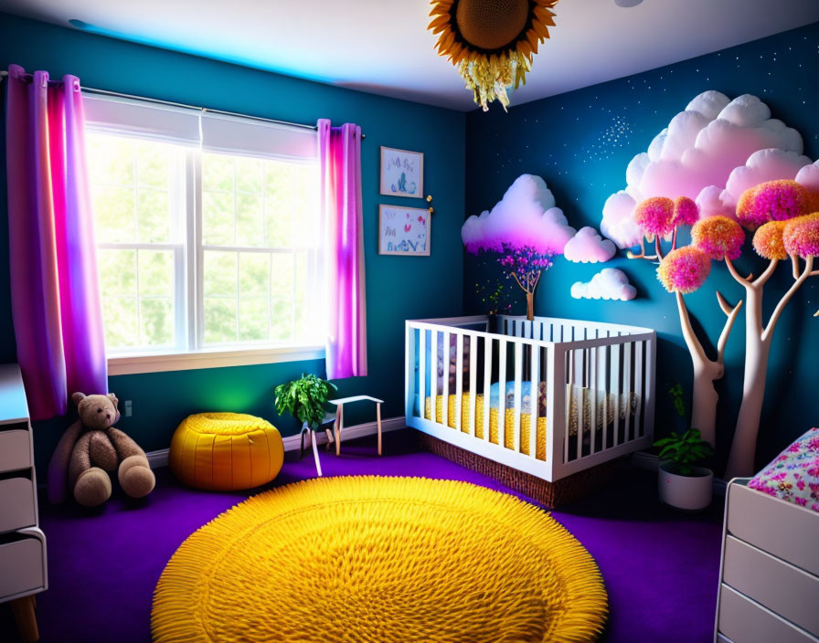 Colorful Children's Room with Whimsical Tree and Cloud Walls