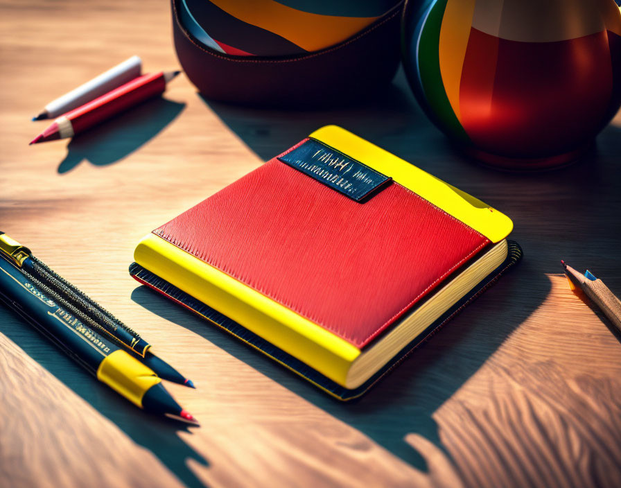 Red notebook with yellow spine on wooden desk with pencils, pen, and helmet.