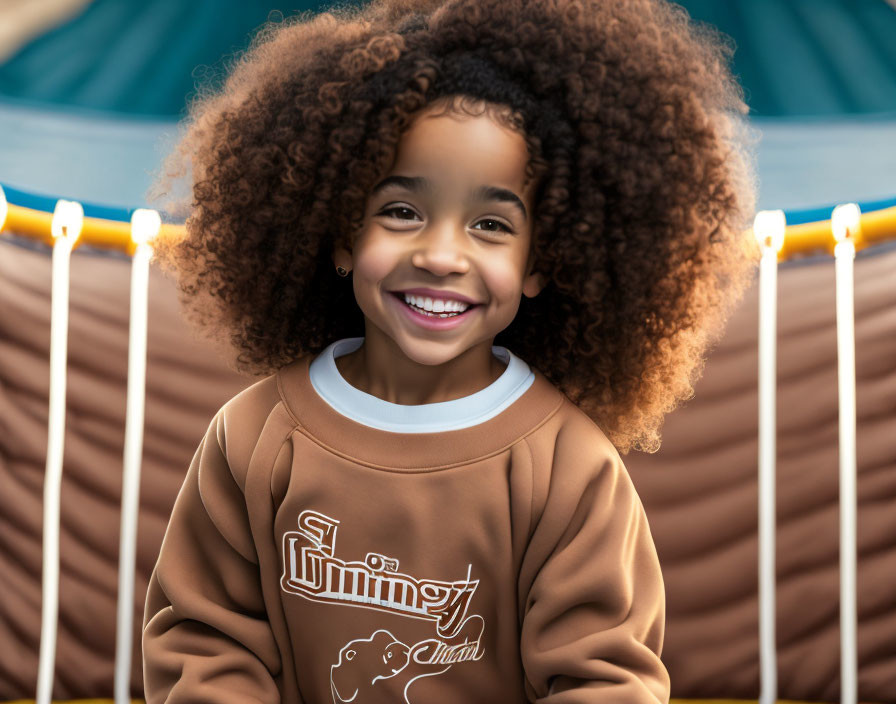 Smiling child with curly hair on trampoline in brown sweatshirt