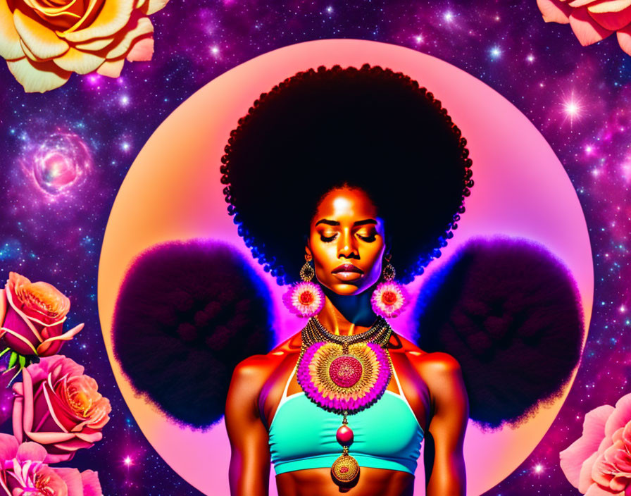 Digital artwork: Woman with afro silhouette, cosmic background, vibrant jewelry, roses, and stars.