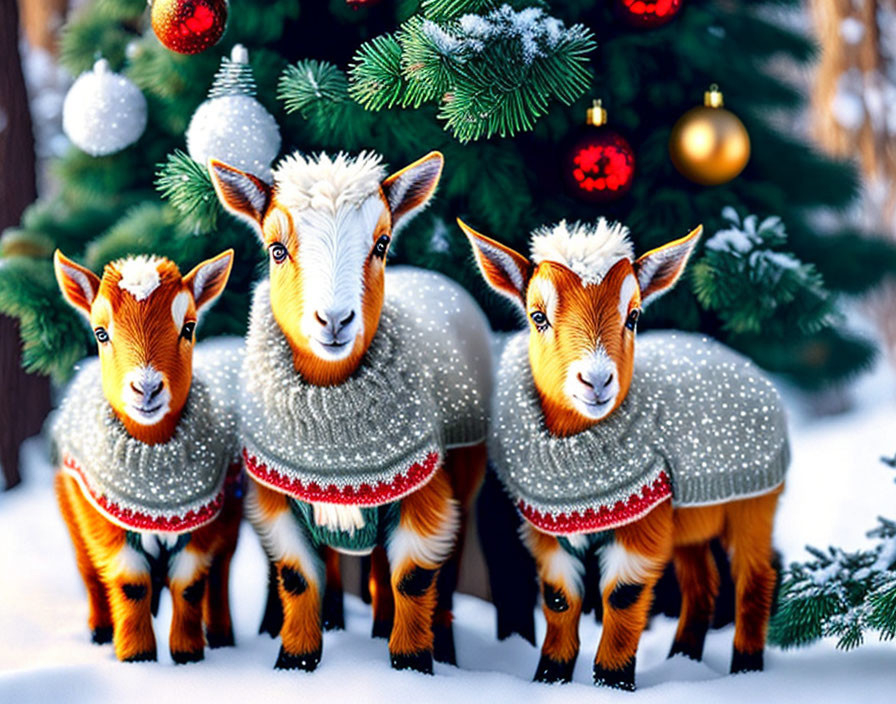 Three goats in knitted sweaters by snow-covered Christmas tree