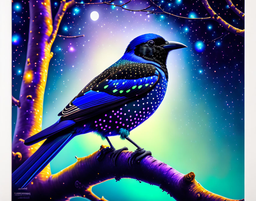 Blue starry bird on branch in cosmic backdrop with glowing lights