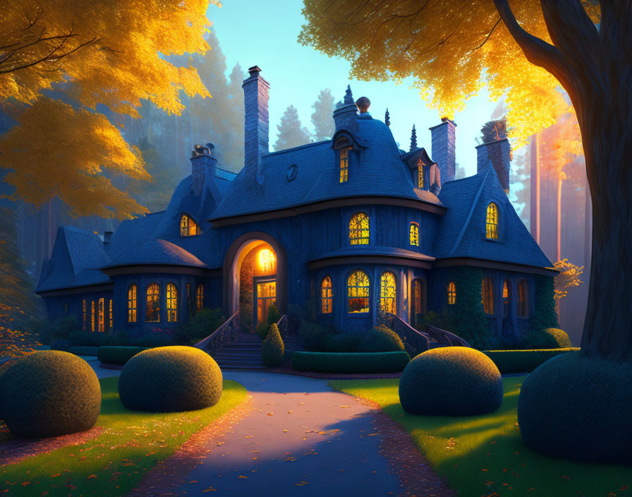 Whimsical blue house in twilight garden with golden trees