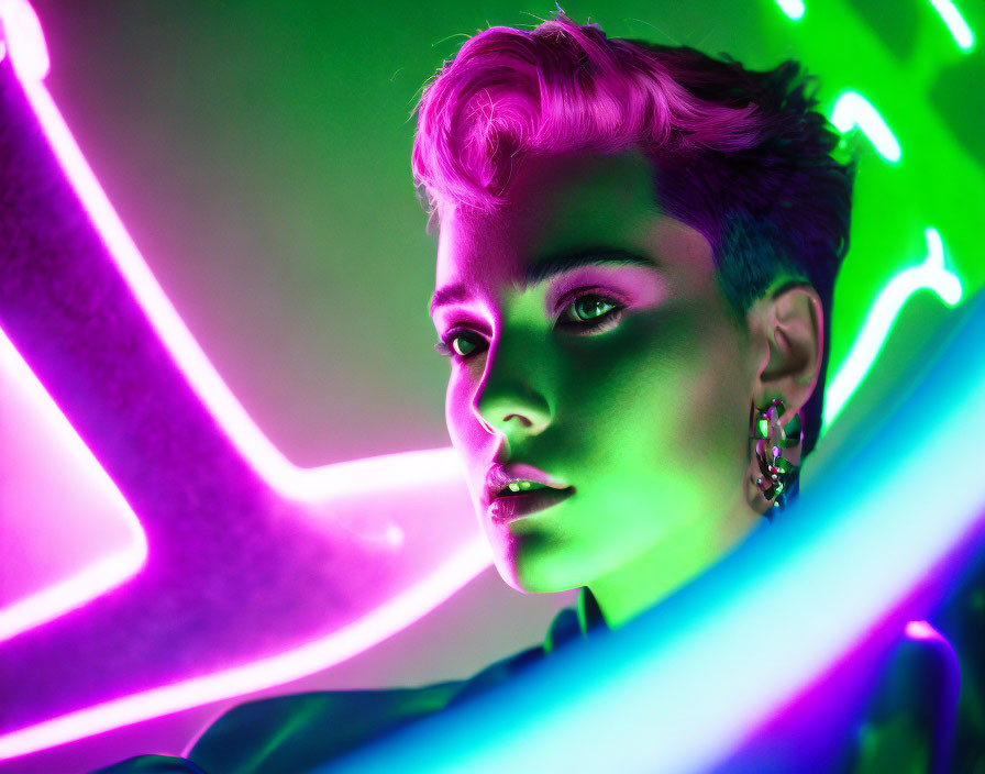 Portrait of Person with Short Hair in Vibrant Green and Purple Neon Lights