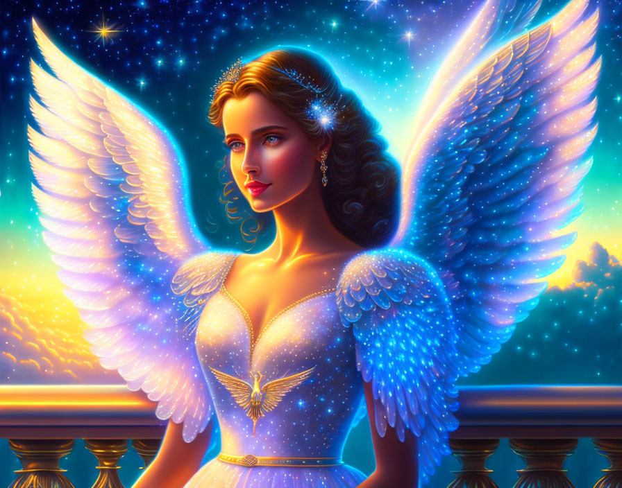 Radiant angelic woman with white feathered wings in starlit sky