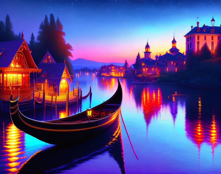 Night Scene: Moored Gondola on Reflective Water with Lit Buildings