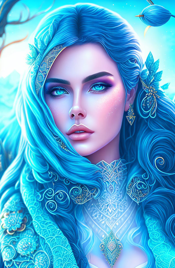 Colorful illustration of a woman with blue hair and ornate attire on blue backdrop