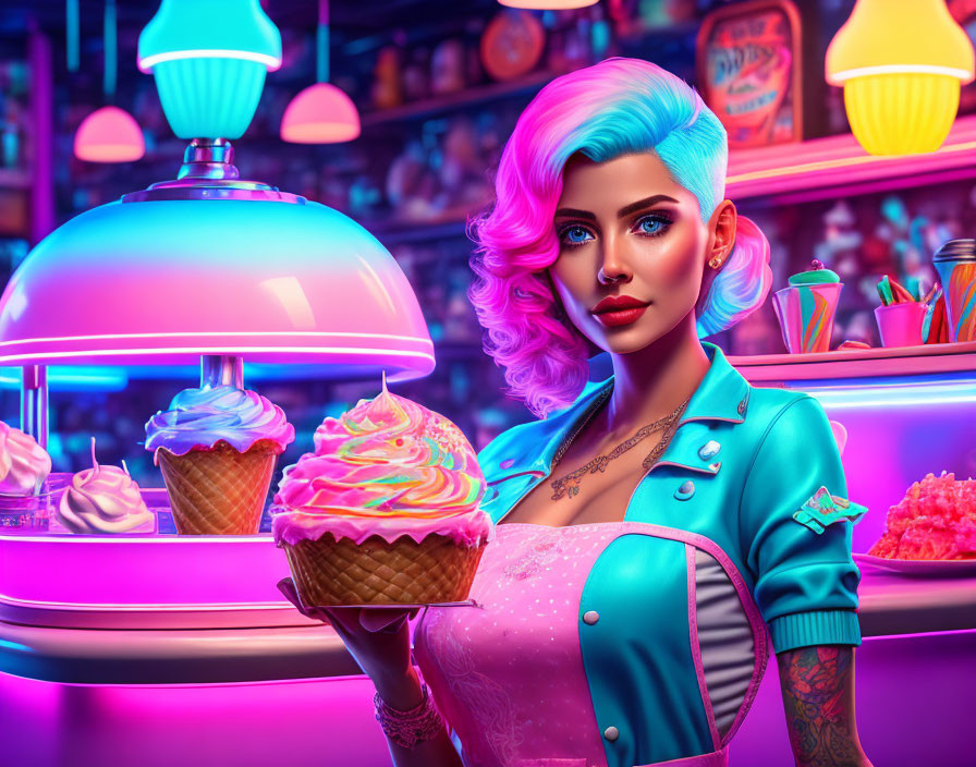 Colorful cupcake presentation by woman with blue hair in neon-lit diner