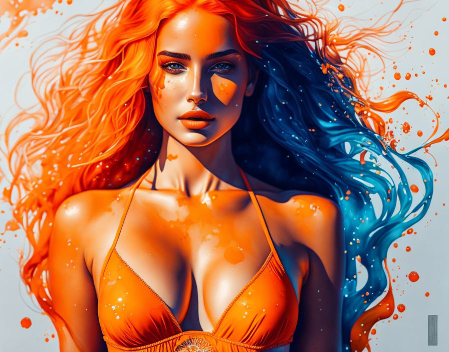 Portrait of woman with fiery red to deep blue hair, orange swimsuit, surrounded by colorful splashes