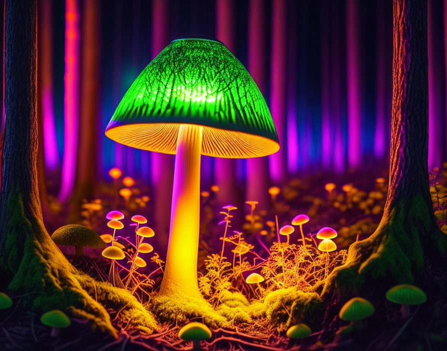 Fantasy-inspired glowing mushroom in neon-lit forest