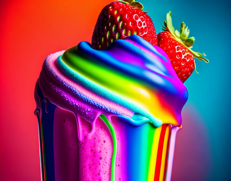 Colorful Dripping Dessert with Strawberries on Gradient Background