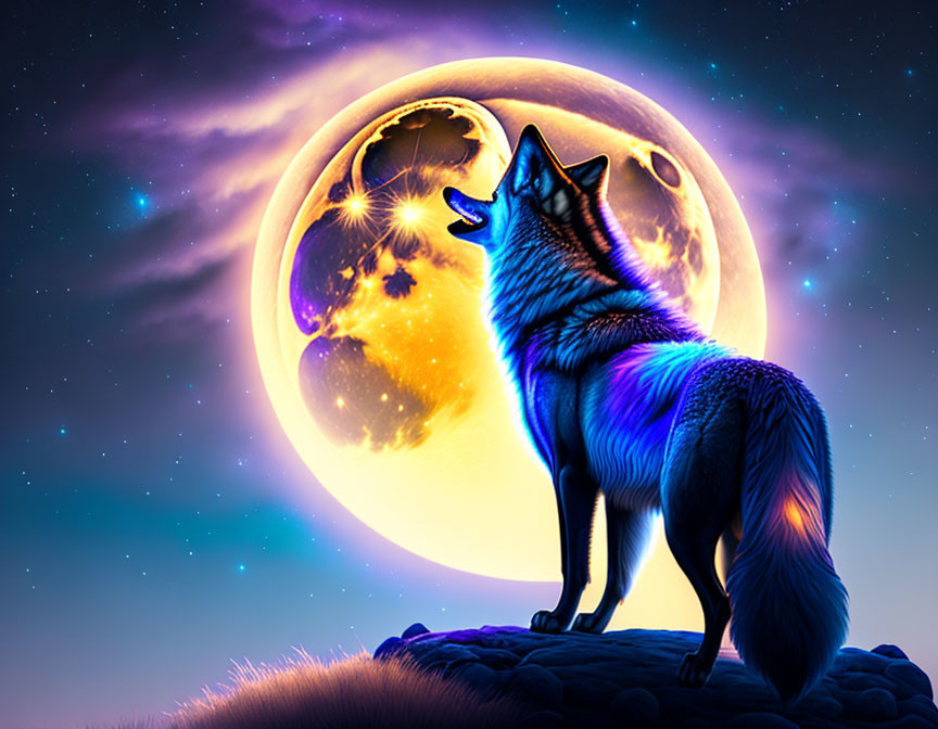 Wolf howling at oversized moon in starry night sky