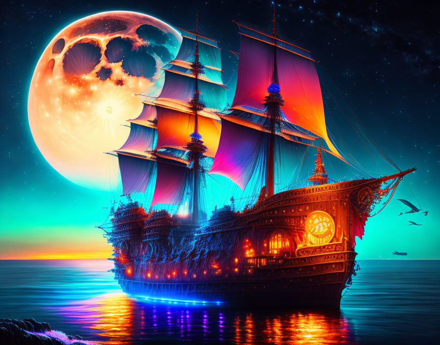 Digital art: Glowing ship under starry sky with large moon