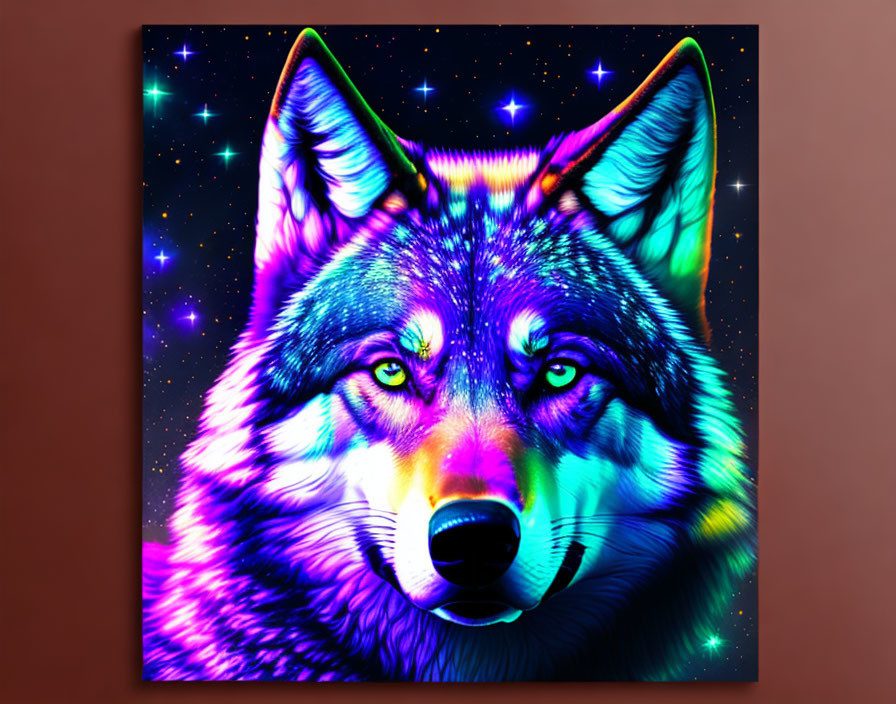 Colorful Wolf Portrait Against Cosmic Background: Mystical Neon Hues