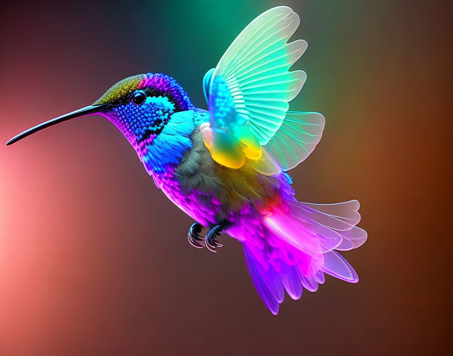 Colorful hummingbird with iridescent blue and purple feathers in mid-flight.