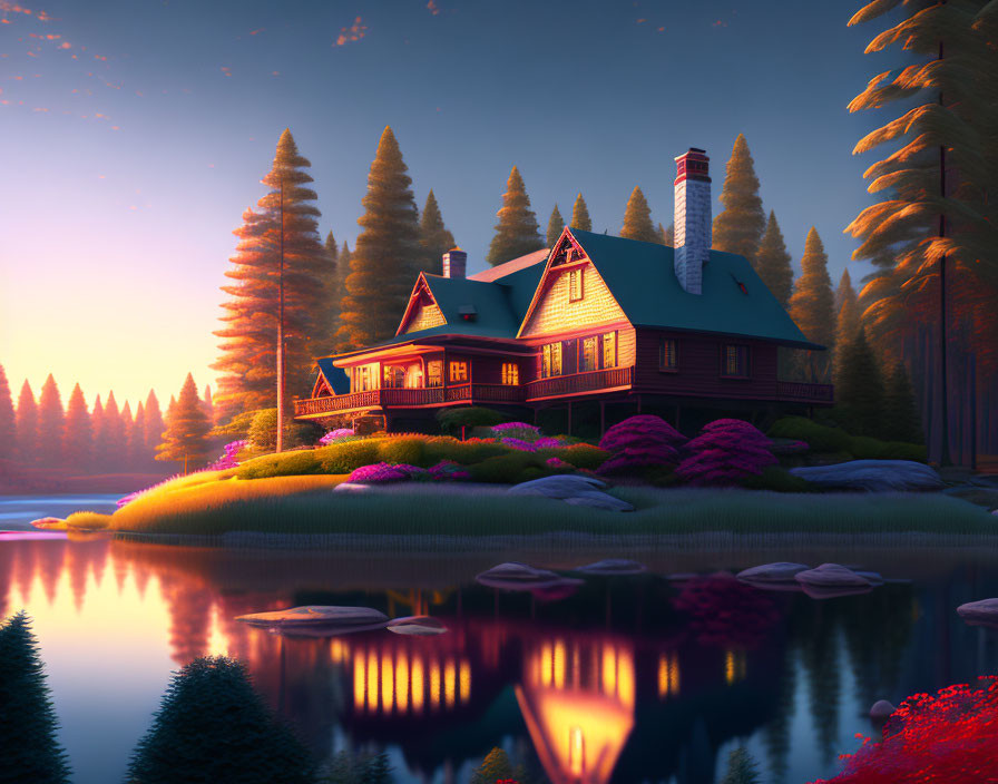 Tranquil lakeside house at sunset with glowing lights, tall pines, colorful flora, and