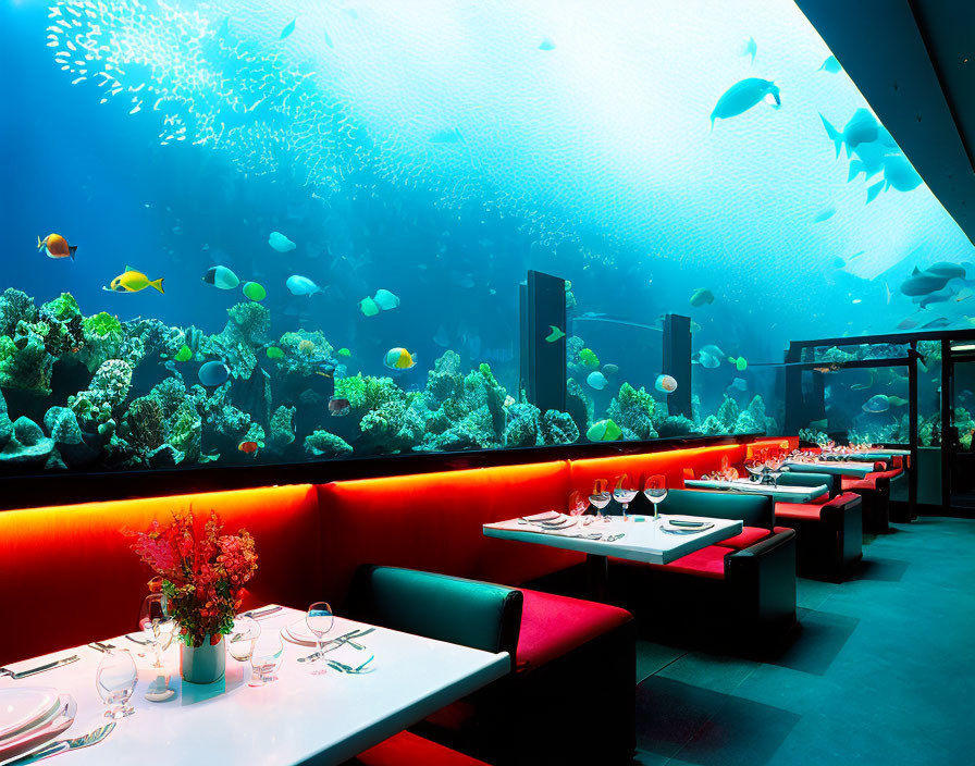 Fancy restaurant with huge aquarium