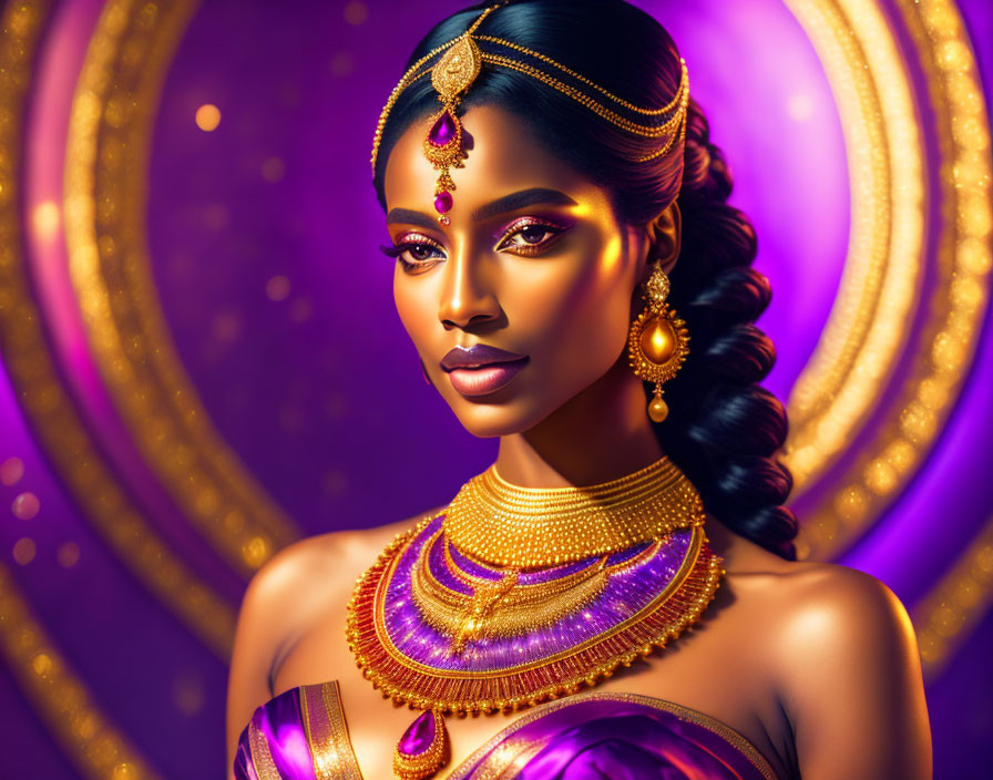 Traditional Indian jewelry on woman against purple backdrop