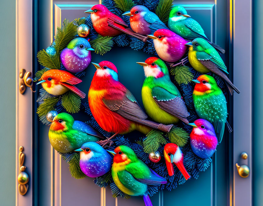 Colorful holiday wreath with whimsical birds for door decoration