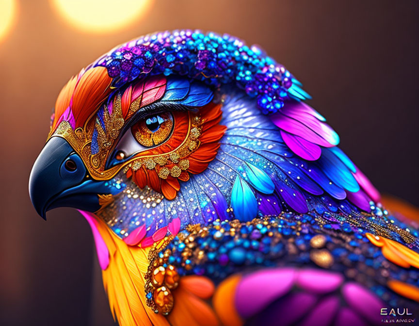 Colorful Eagle Artwork with Jewel-like Feathers on Warm Background