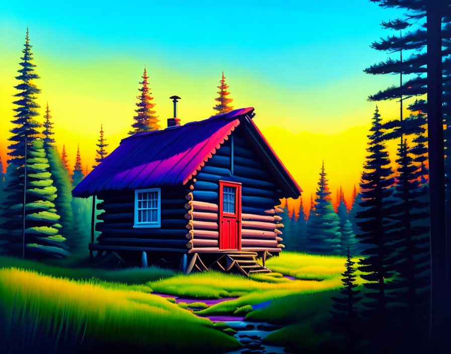 Colorful log cabin painting with blue roof and red door in pine tree forest at sunset