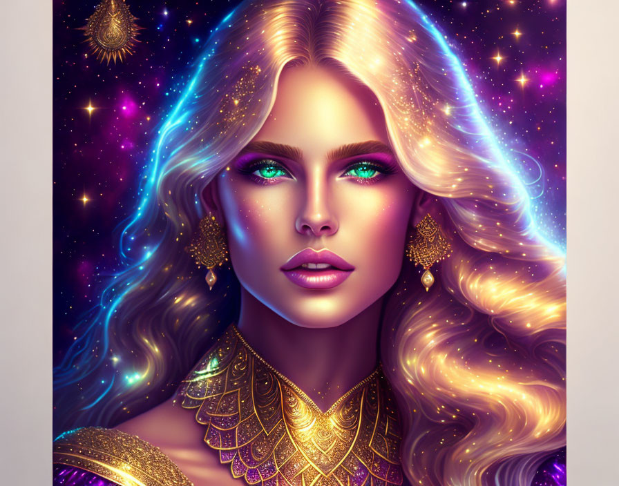 Digital illustration: Woman with golden hair and green eyes in cosmic setting with gold jewelry