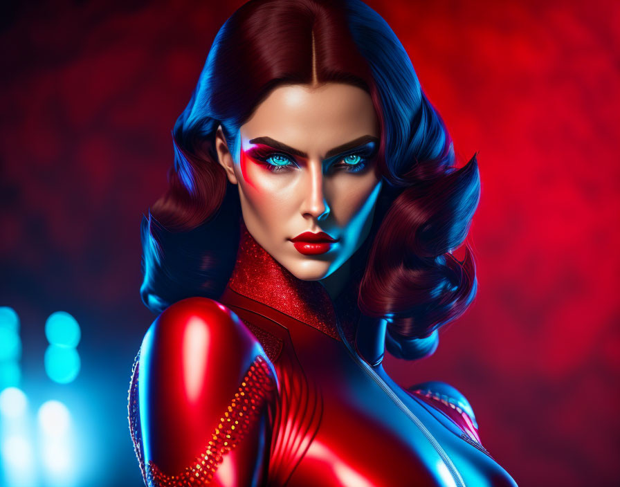 Digital Artwork: Woman with Blue Eyes and Red Makeup in Futuristic Outfit