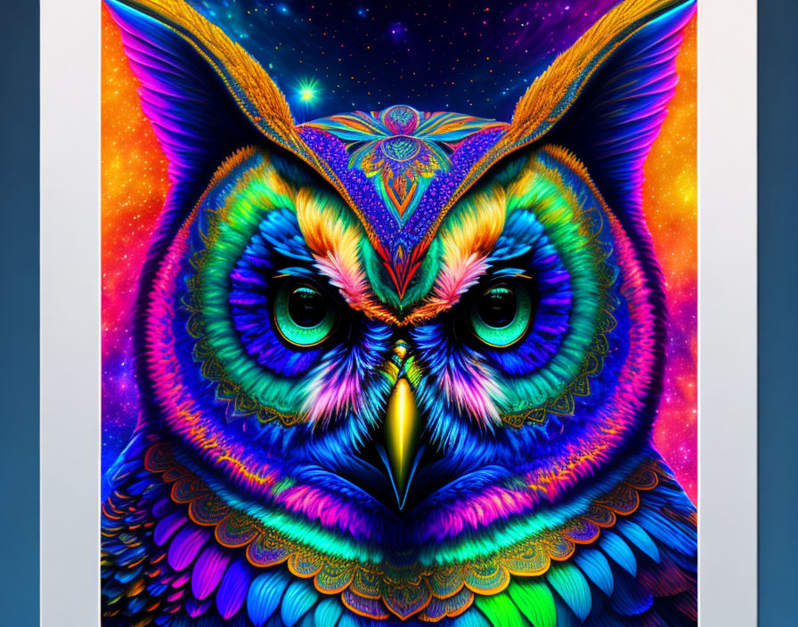 Colorful Owl Digital Art: Neon Blues, Purples, and Oranges on Starry Background