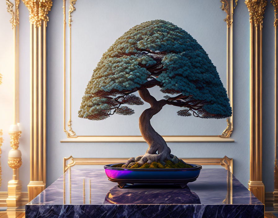 Robust bonsai tree on glossy table in elegant room