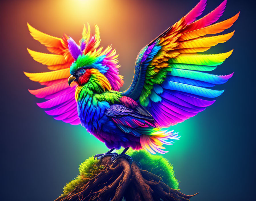 Colorful fantastical bird perched on stump with rainbow wings