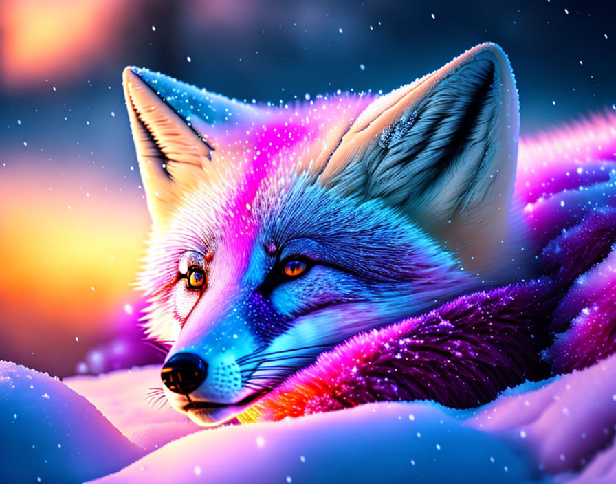 Vivid Fox Illustration in Snowy Twilight Scene