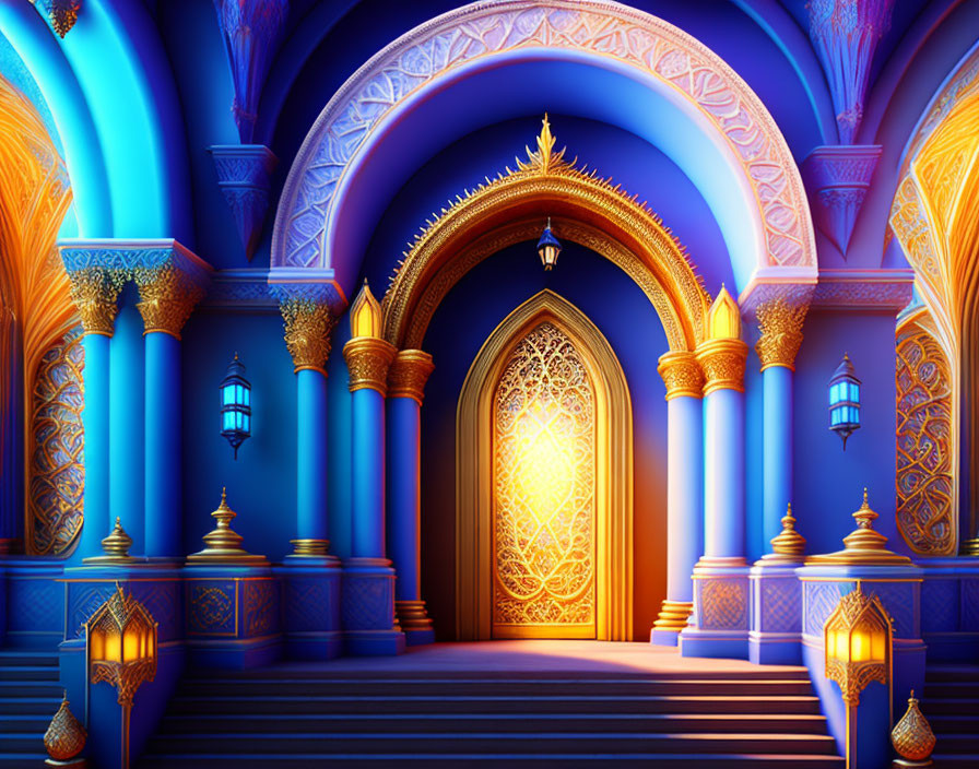 Arabian-style interior with arches, blue and gold walls, intricate designs, hanging lanterns