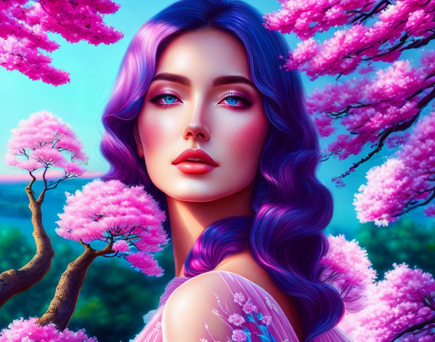 Illustrated woman with purple hair and blue eyes under pink cherry blossoms