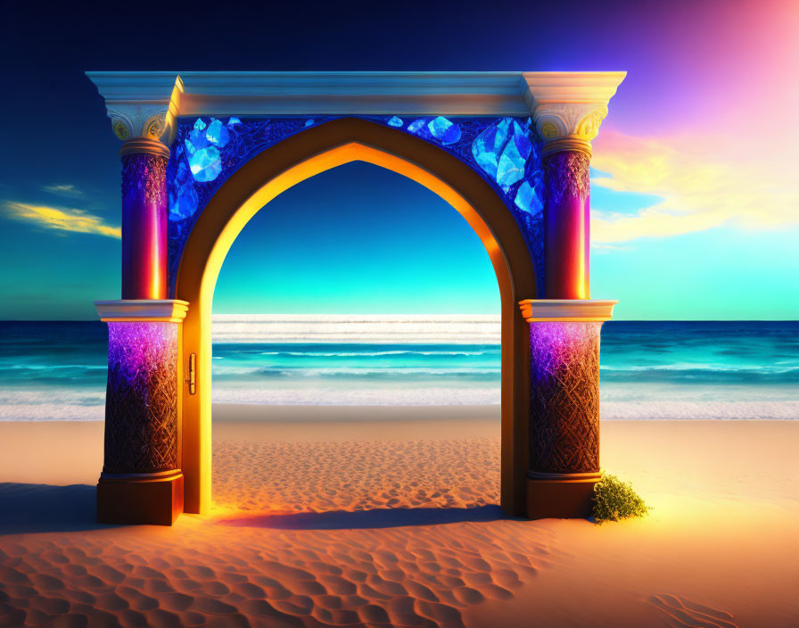 Glowing archway on sandy beach with sea view at sunset